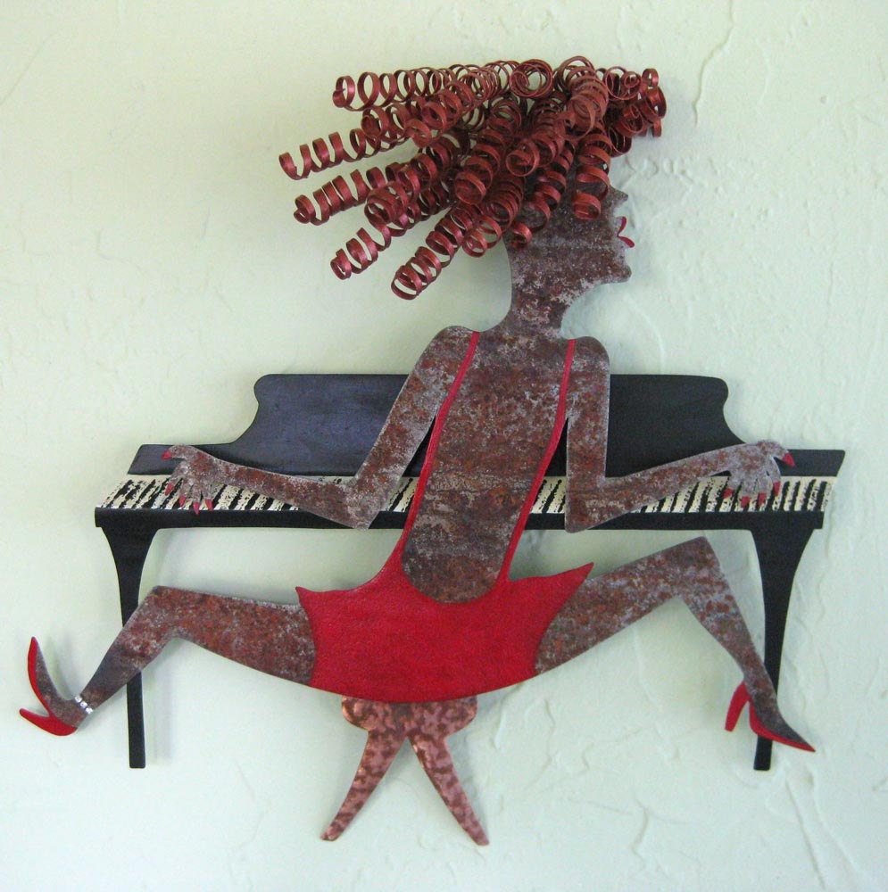 Art sculpture decor red head Piano Lady handmade metal music theme red black
