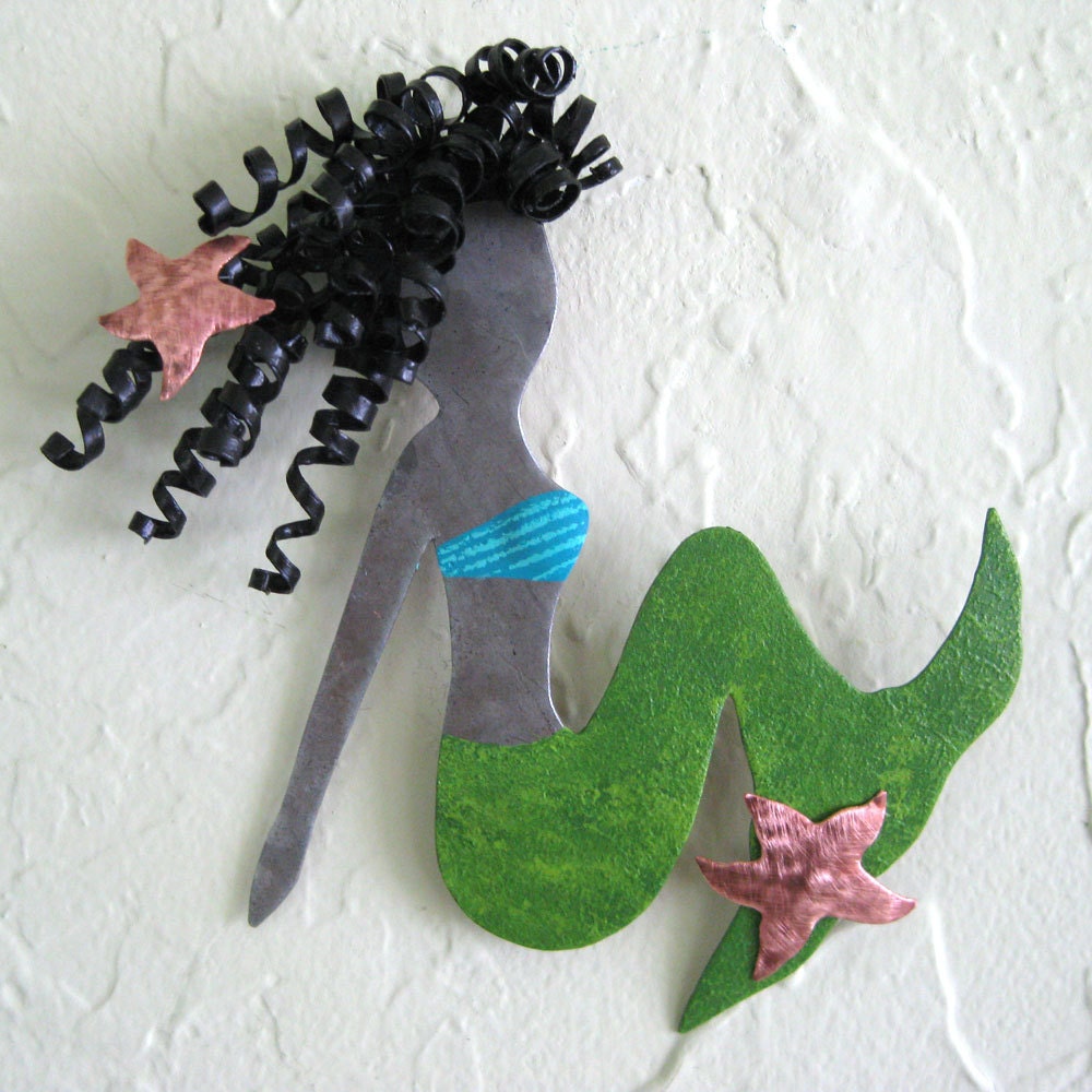 Metal mermaid wall art - Lily - recycled metal marine art with starfish