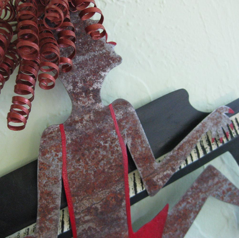 Art sculpture decor red head Piano Lady handmade metal music theme red black