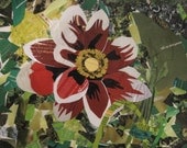 11x14 Beautiful Recycled Magazine Paper Collage of Red Dahlia on Bristol Paper