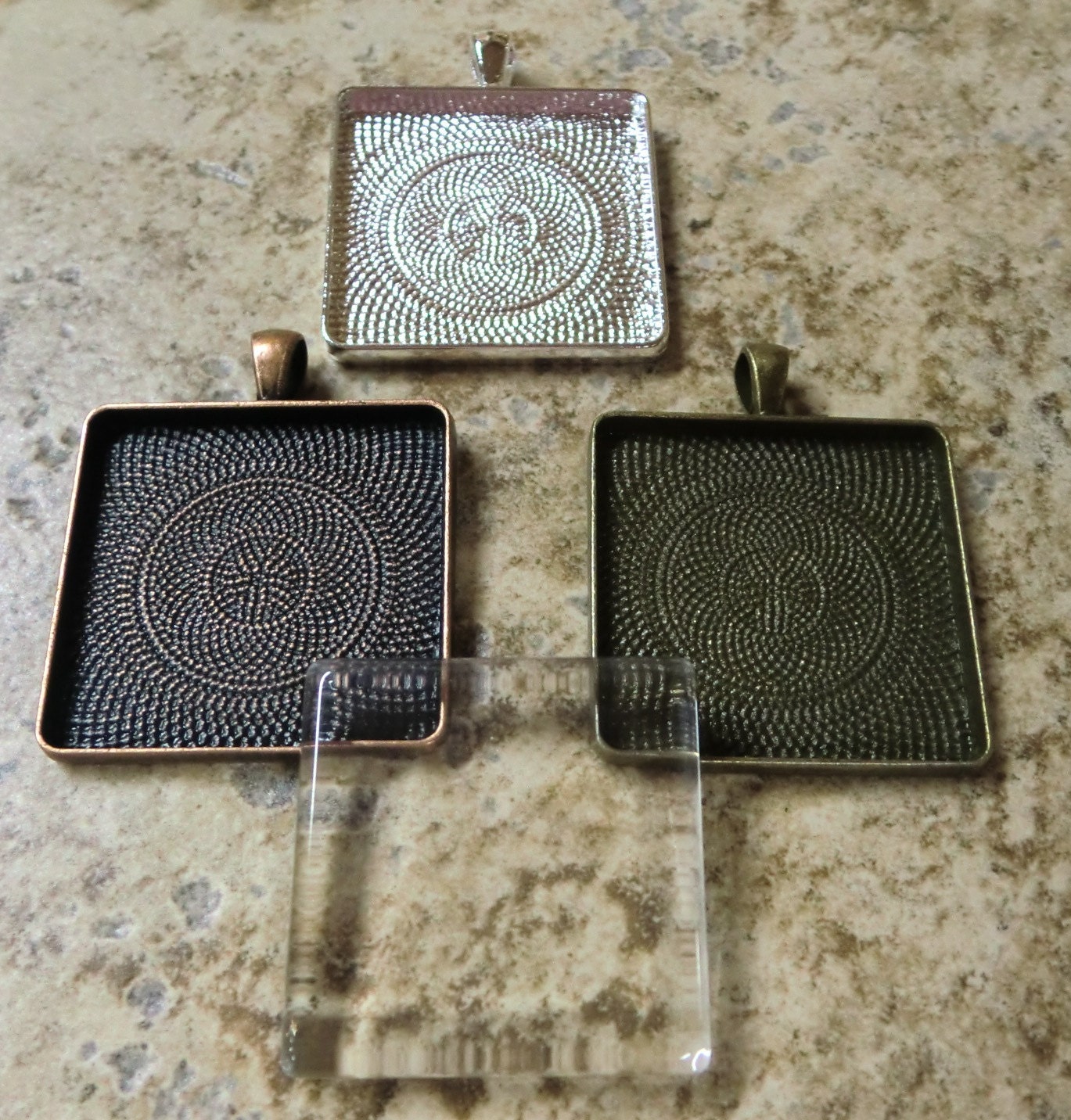 20 30mm Square Pendant Trays with Flat Glass Squares, Mix and Match Antique Bronze, Antique Copper and Silver Plated