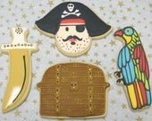 Deluxe Pirate Party Cookies - Pirate Face - Sword - Treasure Chest - Parrot - Decorated Cookies - 1 Dozen