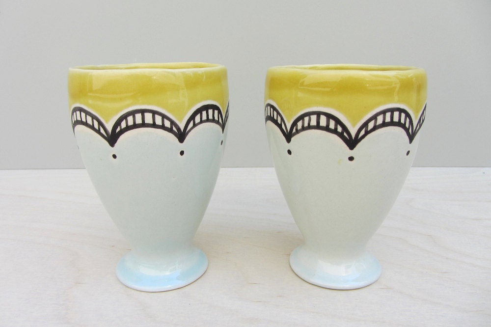 Summer Breeze: Ceramic Patterned Juice Cup with Black, Mustard, and Celedon
