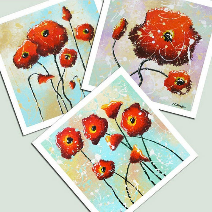 Red Poppy Giclee Prints, Red Flower Wall Art, Floral Print Home Decor, Red turquoise Set of 3 Signed