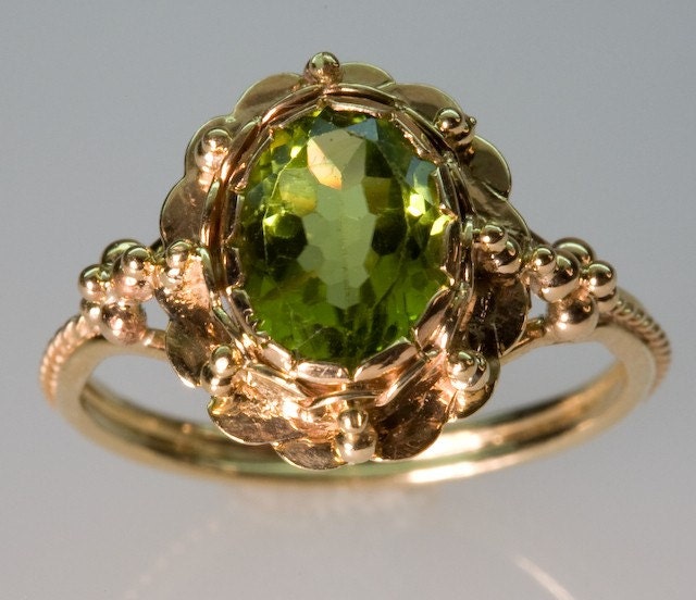 Green Peridot and 14K Gold Filigree Ring