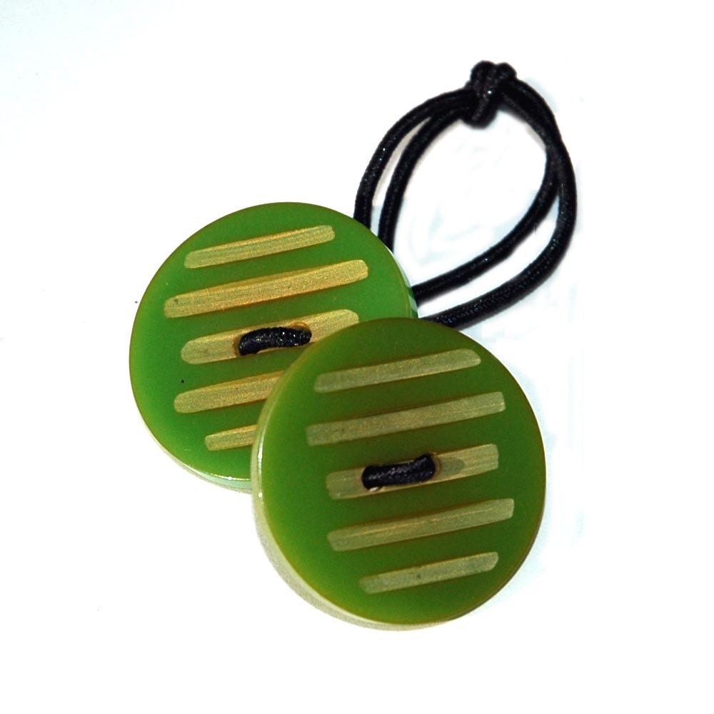 Bakelite  Hair Accessory - Vintage Apple Green  Wafer, Button  Ponytail Holder