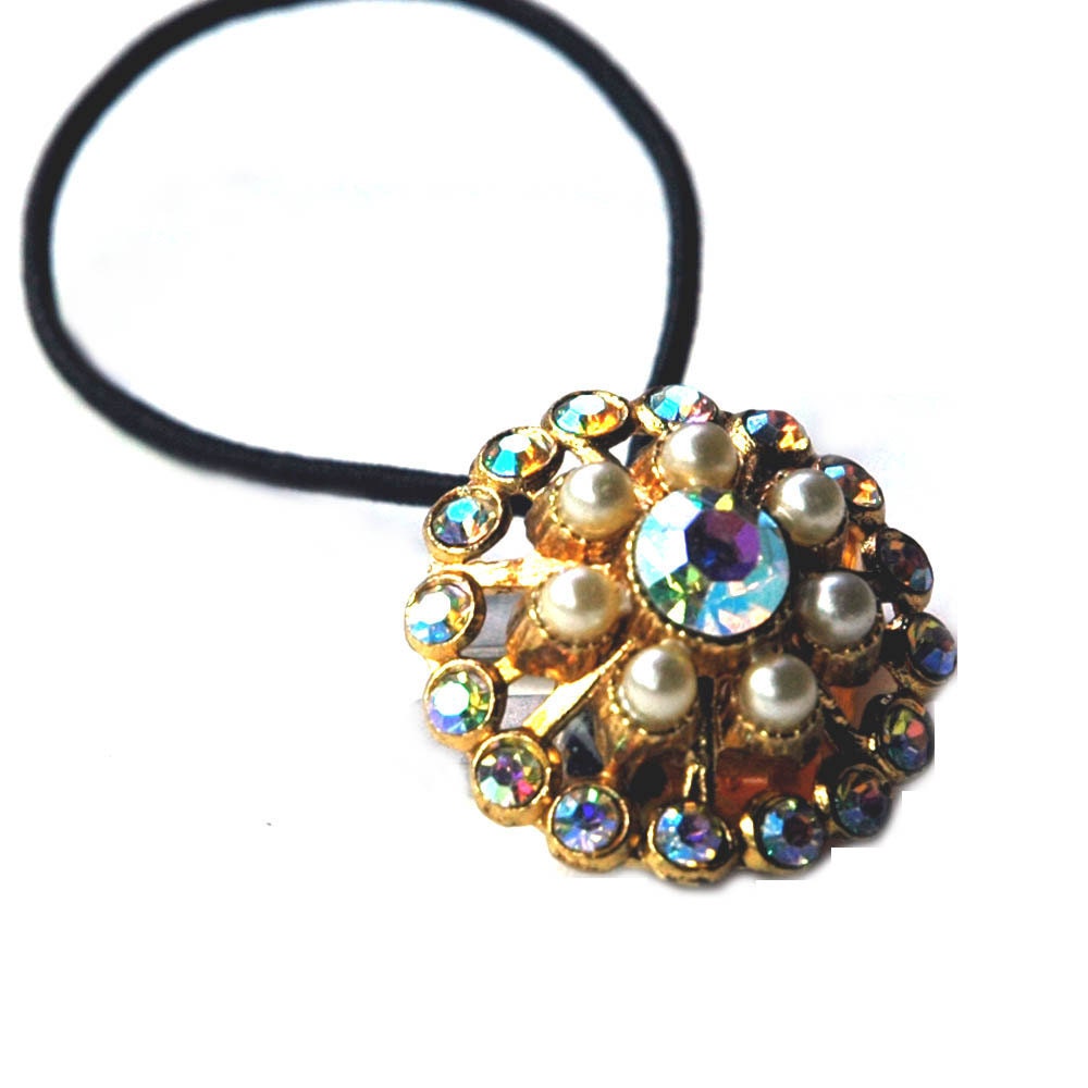 Bridal Hair Accessory, Rhinestone Ponytail Vintage Button Pearls and