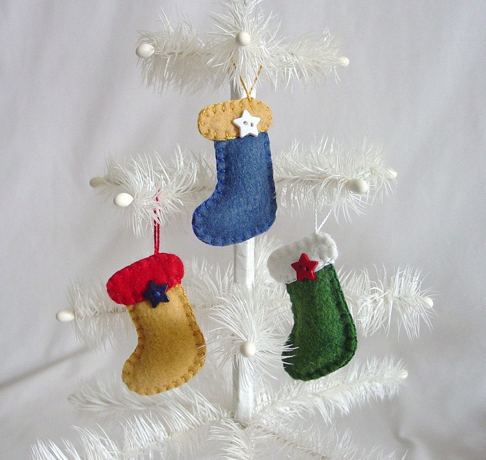 Hand Sewn Penny Rug Style Christmas Stocking Ornaments - Set of 3