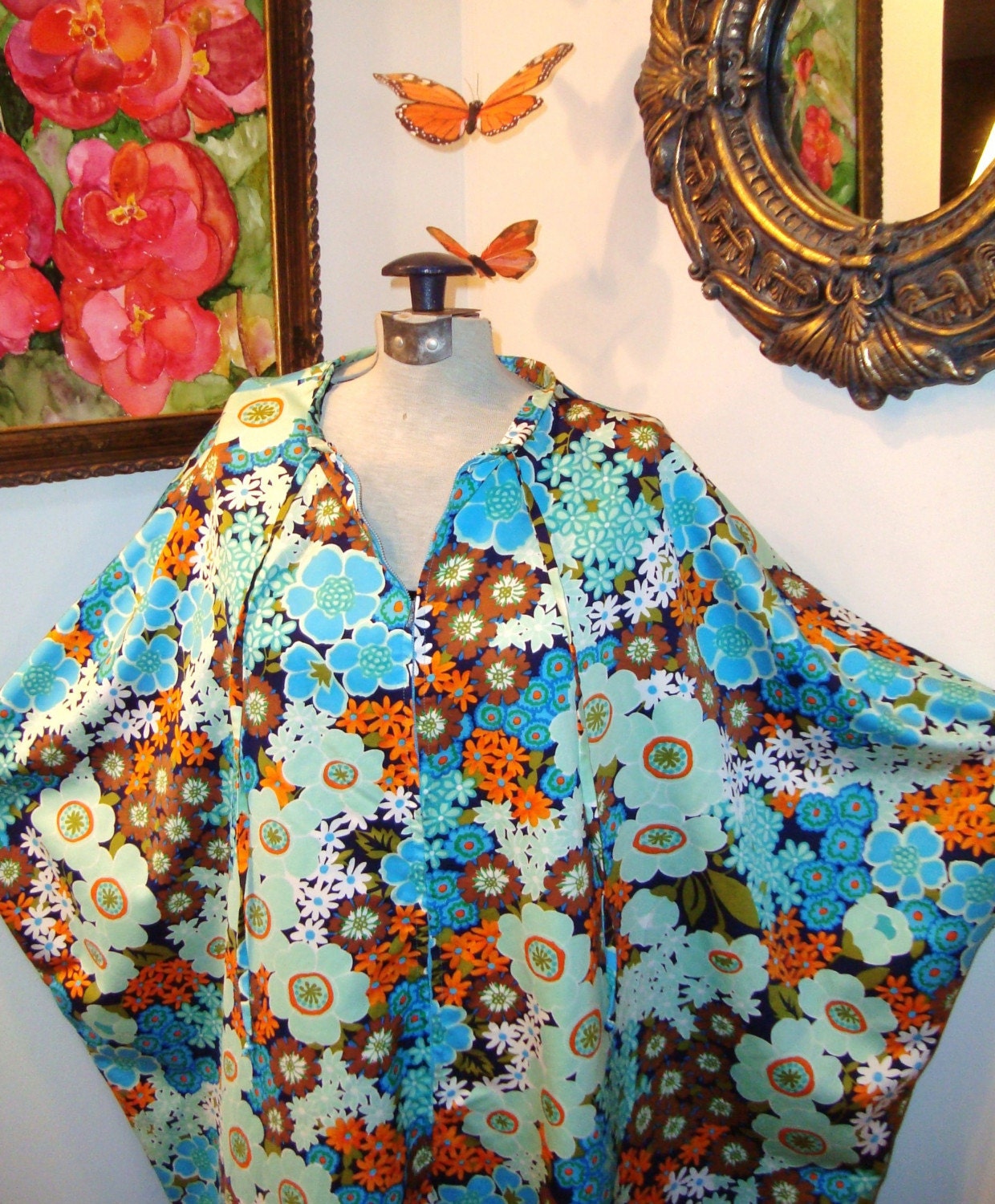 MOD HIPPIE CHIC  ZIP UP VTG 70s BATWING TENT CAFTAN MAXI DRESS one of a kind