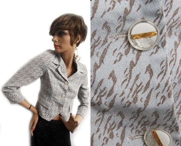 Vintage, Tuxedo, jacket, tiny, shrunken, fit, 60's, funky, buttons, retro, avant, garde, couture, runway, white, grey, 1960