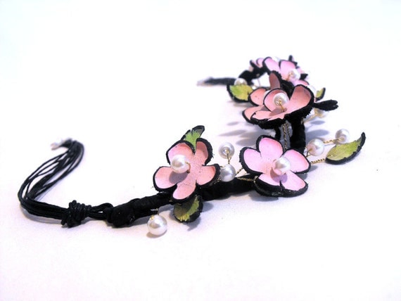 Flowers statement leather necklace sakura blossom