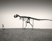 T-Rex Dinosaur Nature Photography "Mans Best Friend" Dino Skeleton Black and White Photo, Landscape Wall Decor 8x12 Dinosaur Art Photo Print