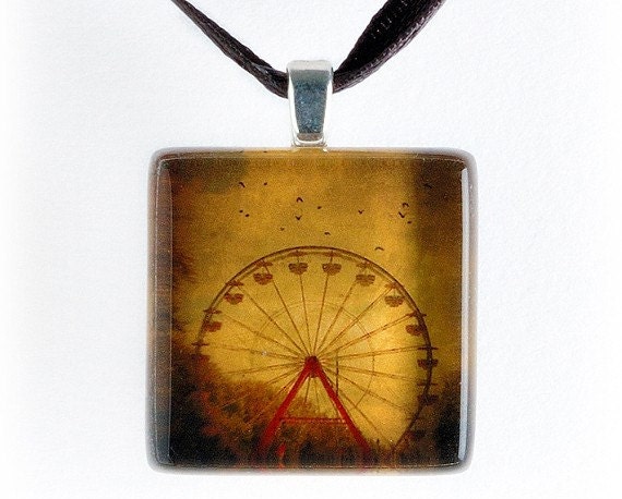 Ferris Wheel and Birds Jewelry Pendant Necklace Vintage Brown Sepia Carnival Fair Festival Photo Art Glass Tile "Dark Ride"