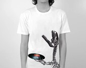 Vinyl Preservation, Record Holding Dinosaur Music Men's Perfect Fit T Shirt Super Soft Men's Fitted Graphic Tee Shirt Top Knit White