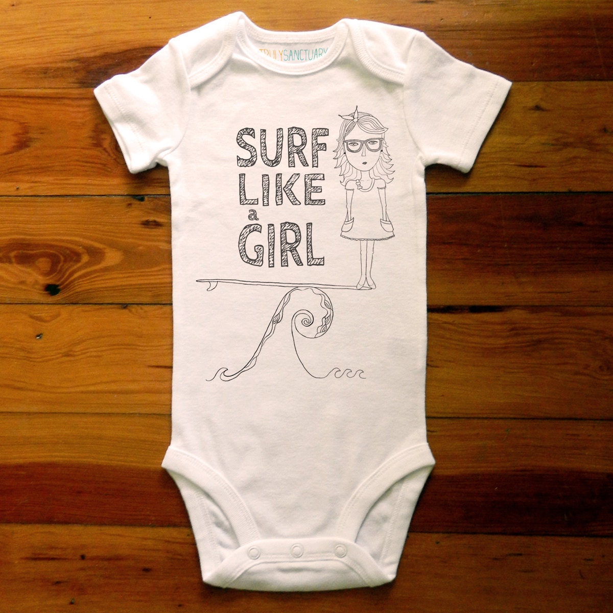 Surf Like A Girl, Gray Line Drawing Surf Graphic Baby Bodysuit By TrulySanctuary, Great Baby Shower Gift, First Birthday Gift Or Party Favor