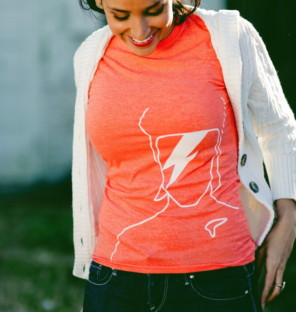 David Bowie and His Lightning Strike Again Women's Size MEDIUM Heather Orange Graphic Tee