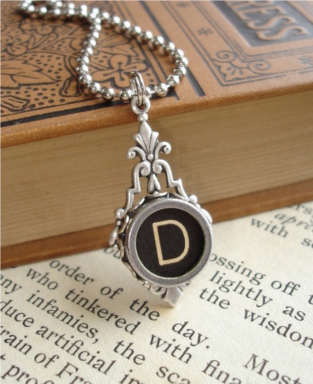 Initial D - Vintage Typewriter Key Pendant - Small Royal Black Glass Covered Letter Key with Simple Sans-Serif Font in an Art Deco Drop Style Setting and Silver Chain Necklace - More Designs Available at PreciousPastimes - SRAJD