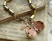 Vintage Brass Ball Locket, Skeleton Key, Rare Old Brass & Copper Tube Chain Bracelet. Rustic Jewelry. Charm Bracelet. Assemblage Jewelry.
