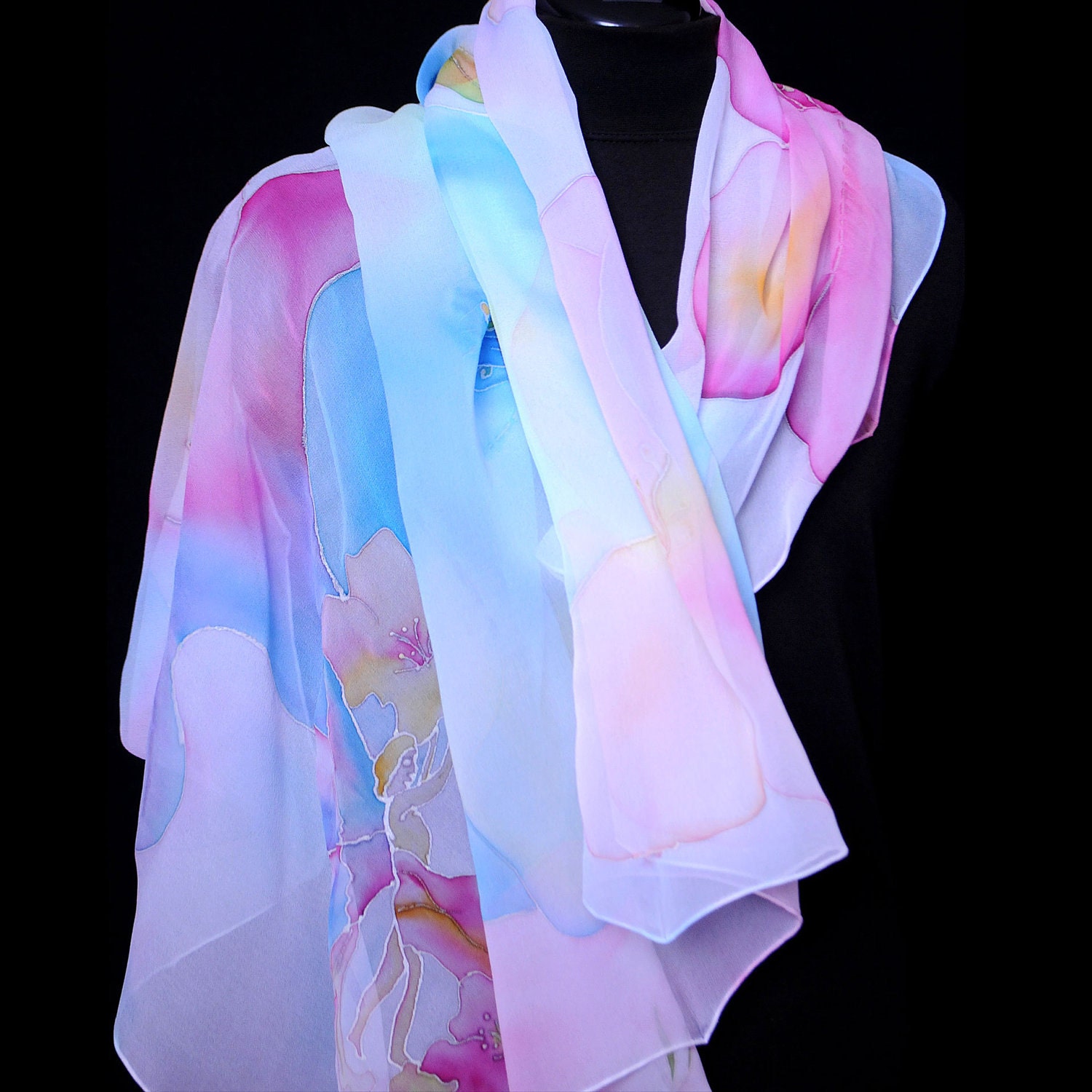 Hand Painted Silk Scarf, Gardenias with Fairy