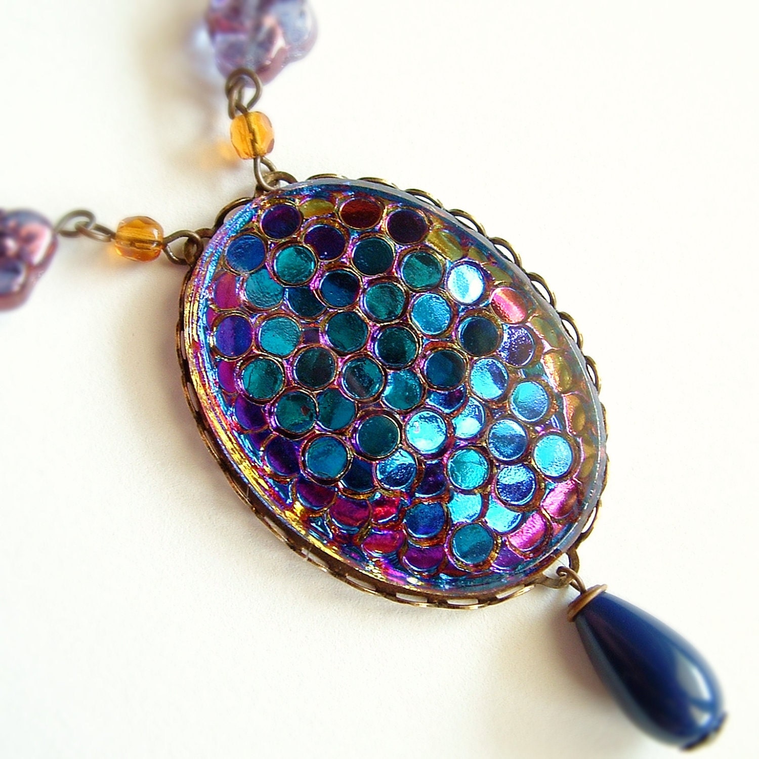 Purple Glass Pendant Necklace Vintage Iridescent Fish Scale Snakeskin Cabochon - skeptis