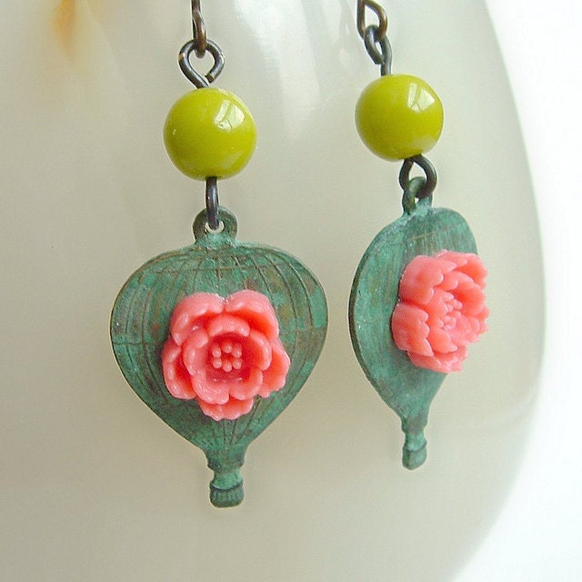 Coral Pink Aqua Hot Air Balloon Charm Earrings Verdigris Brass Vintage Beads