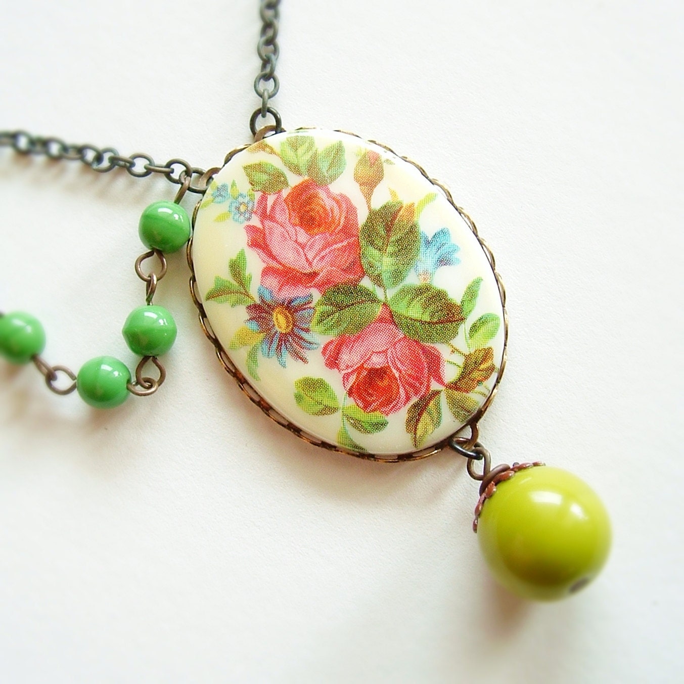 Floral Cameo Necklace Vintage Rose Pendant Green Pink Victorian Flower Bouquet 20% Off