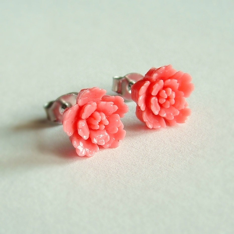 Coral Pink Flower Post Earrings Vintage Carved Plastic Cherry Blossoms Hypoallergenic