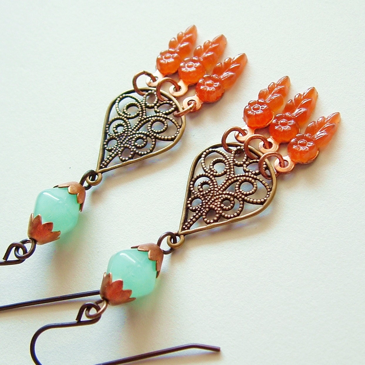 Aqua Carnelian Filigree Earrings Vintage Glass Antiqued Brass Chandelier Dangle