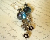 Sale - Czech Glass Silver Dangle Earrings - Silver Tierra Cast Ice Blue Picasso Czech Glass Fine Silver Earrings for Her