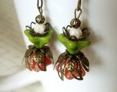 Sale - Shabby Chic Flower Earrings - Czech Glass Flower Swarovski Crystal and Antiqued Brass Dangle Beaded Vintage-Style Earrings