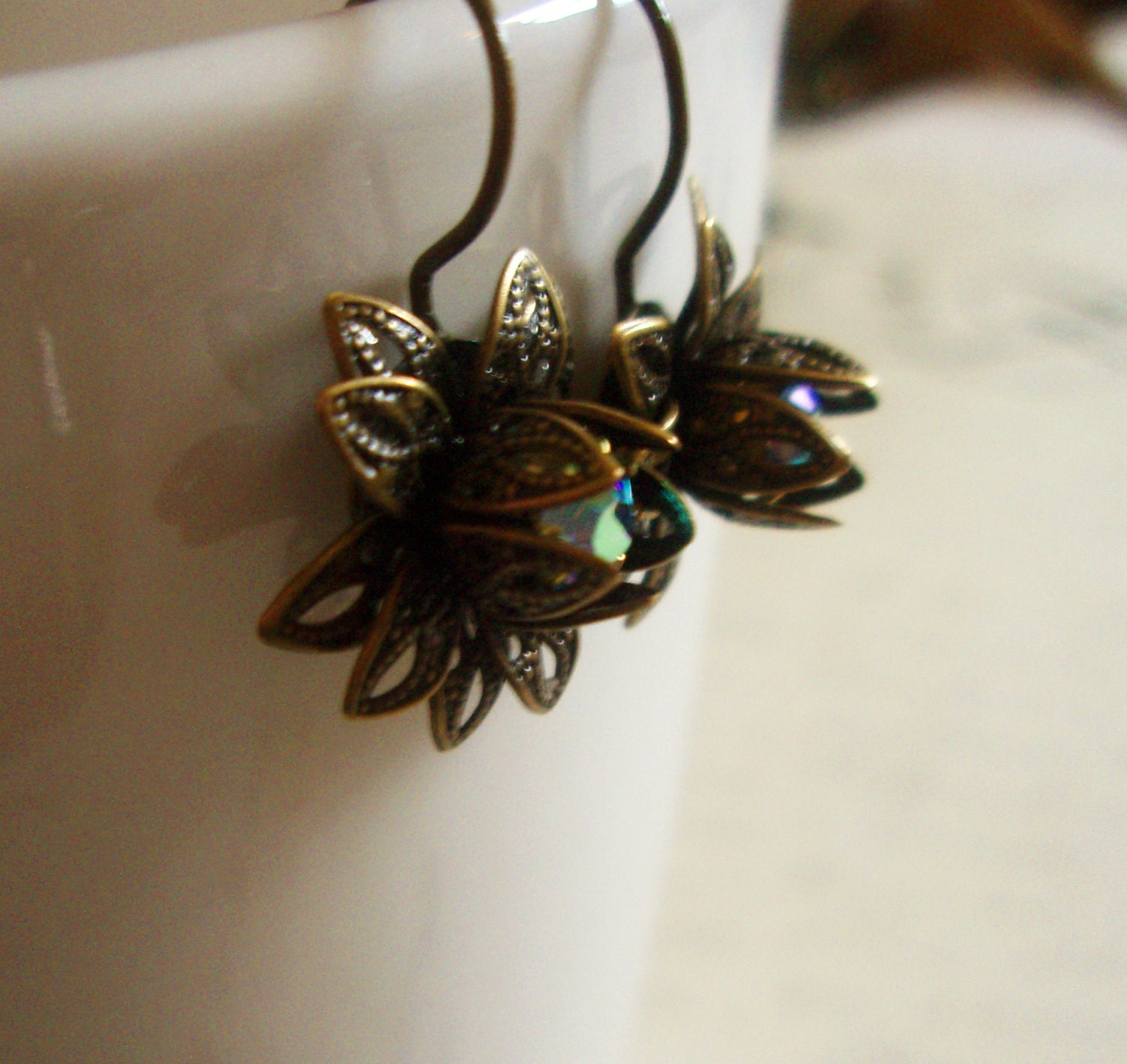 Sale - Swarovski Lotus Flower Dangle Earrings - Antiqued Brass and Austrian Pink Iridescent Crystal Post Sparkly Earrings for Her