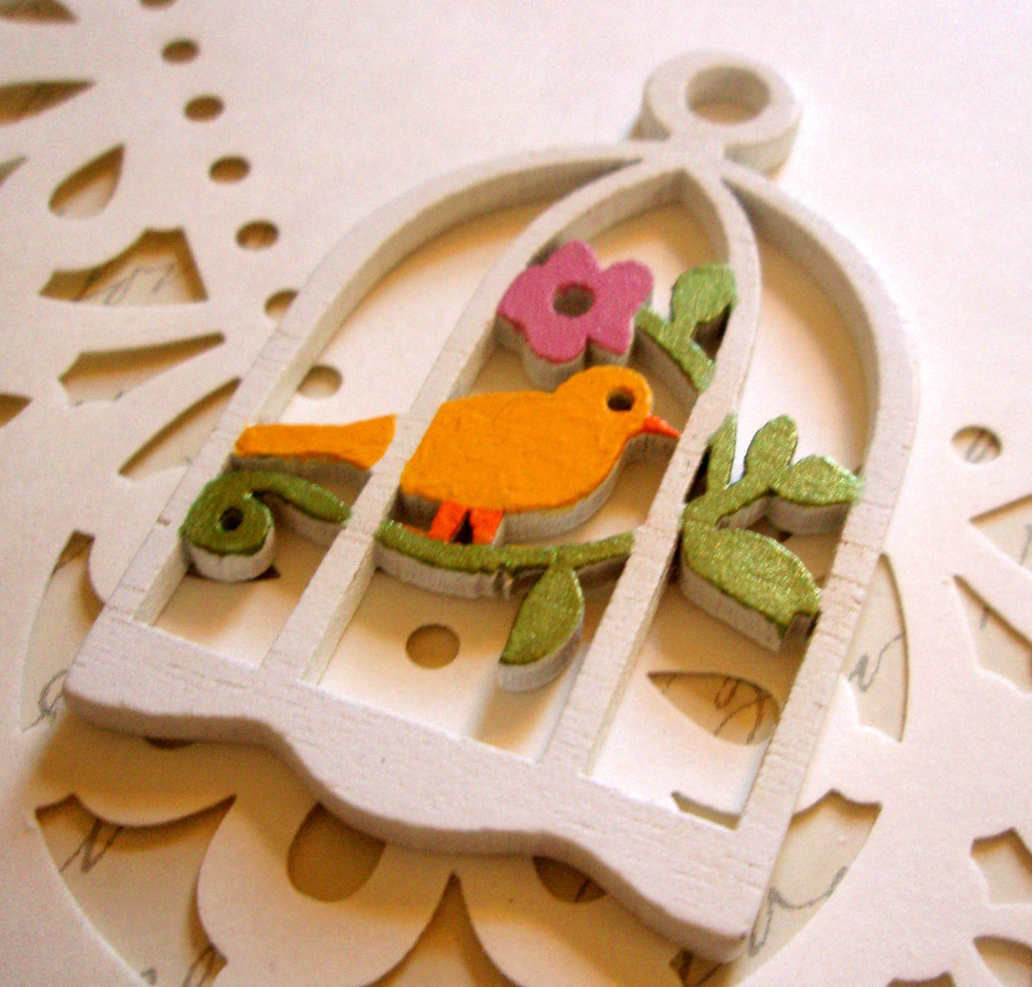 Pendant - Painted Wooden Bird Cage Pendant - Hand-Painted - Asian-Style Pendant or Ornament