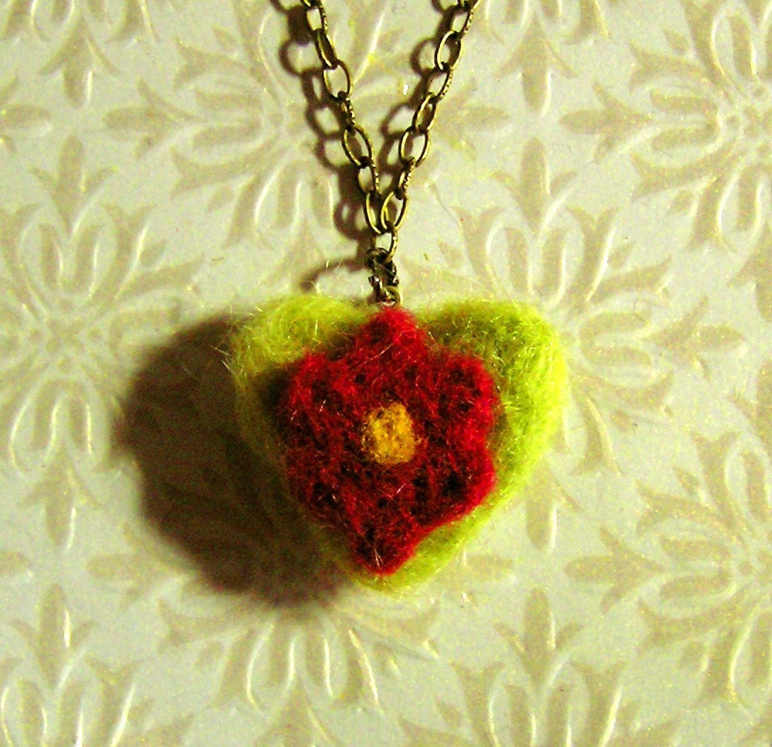 Needle Felted Flower and Heart Necklace -- You Choose the Colors