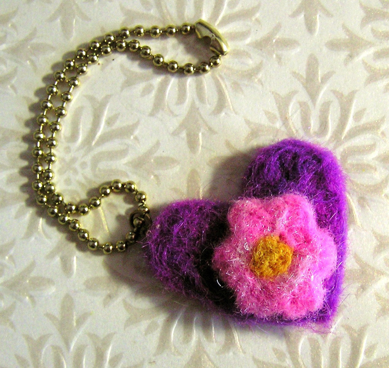 Needle Felted Heart and Flower Key Ring