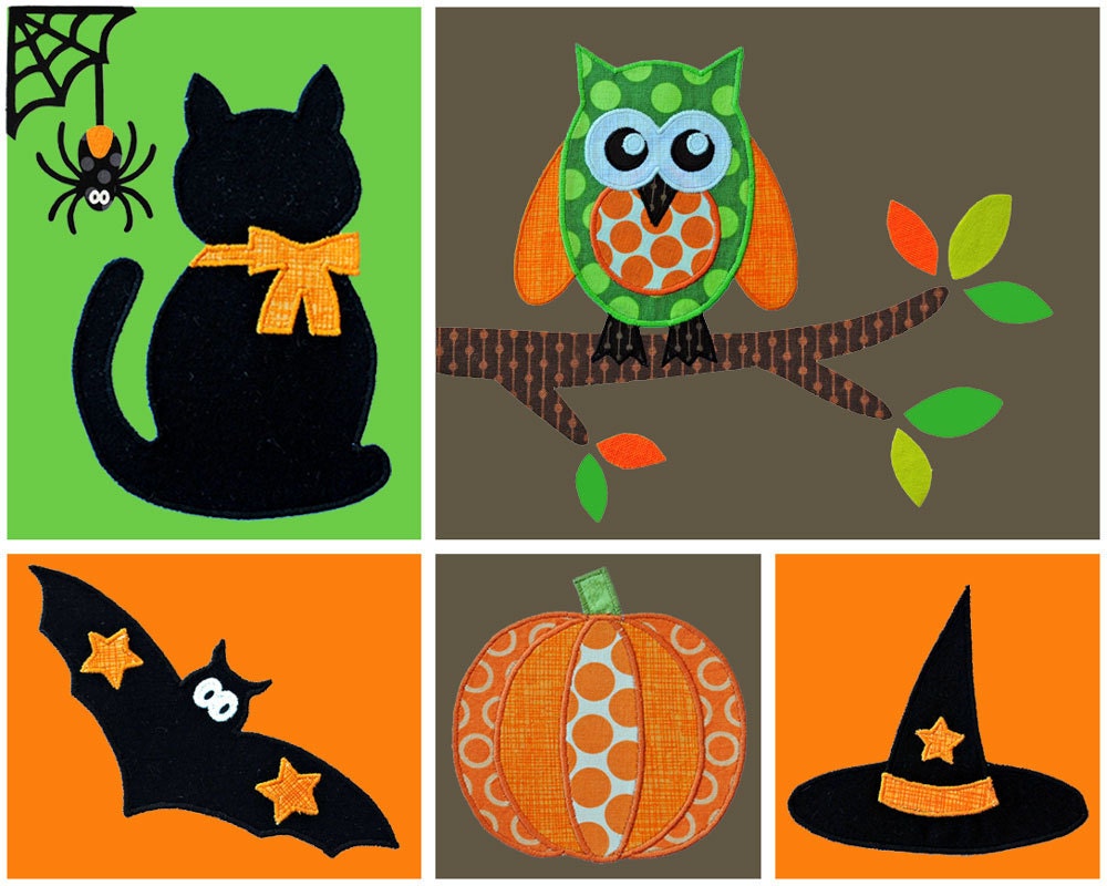 Halloween Applique Template Set. Pumpkin, Jack O Lantern, Witches Hat, Cat, Owl, Branch, Spider Web. Multiple Purchase Discount