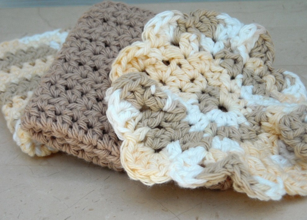 Crochet Dishcloth Set Cotton Taupe Cream White
