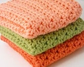 Crochet Dishcloths Kitchen Handmade Cotton Bright Pumpkin Orange, Peach, Country Green Set of 3