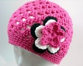 Crochet Hat Beanie Hot Pink with Flowers Toddler Child Teen