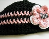 Black and Pink Crochet Beanie Hat with Flowers  Any Size