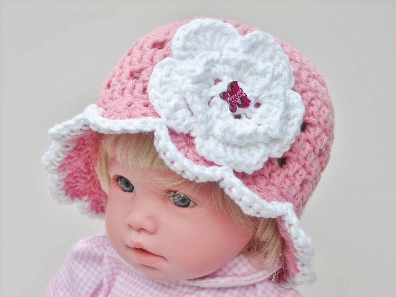 Crochet hat infant baby toddler 0 to 24 months scalloped edge with flower Shown in Rose Pink other colors available