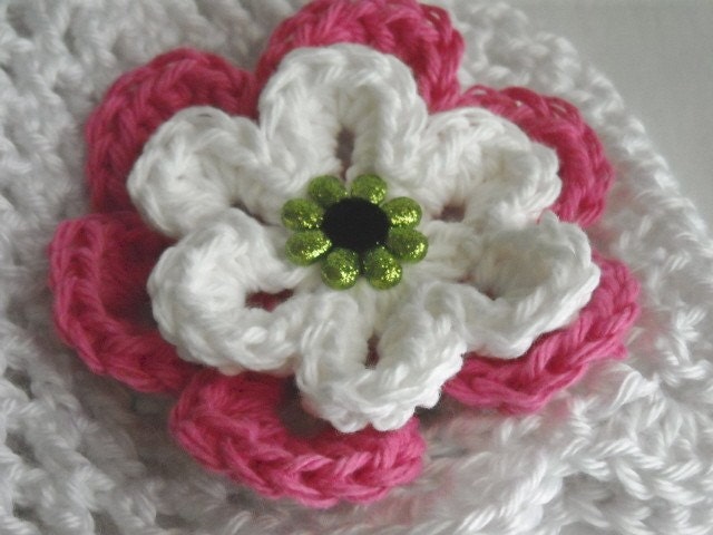 Lightweight Crochet Summer Hat White with Flowers Scalloped Edge Infant to Adult Sizes