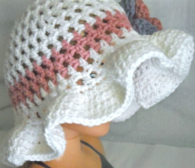 Crochet Floppy Brim Hat in White with Flowers Baby, Toddler, Teen, Adult