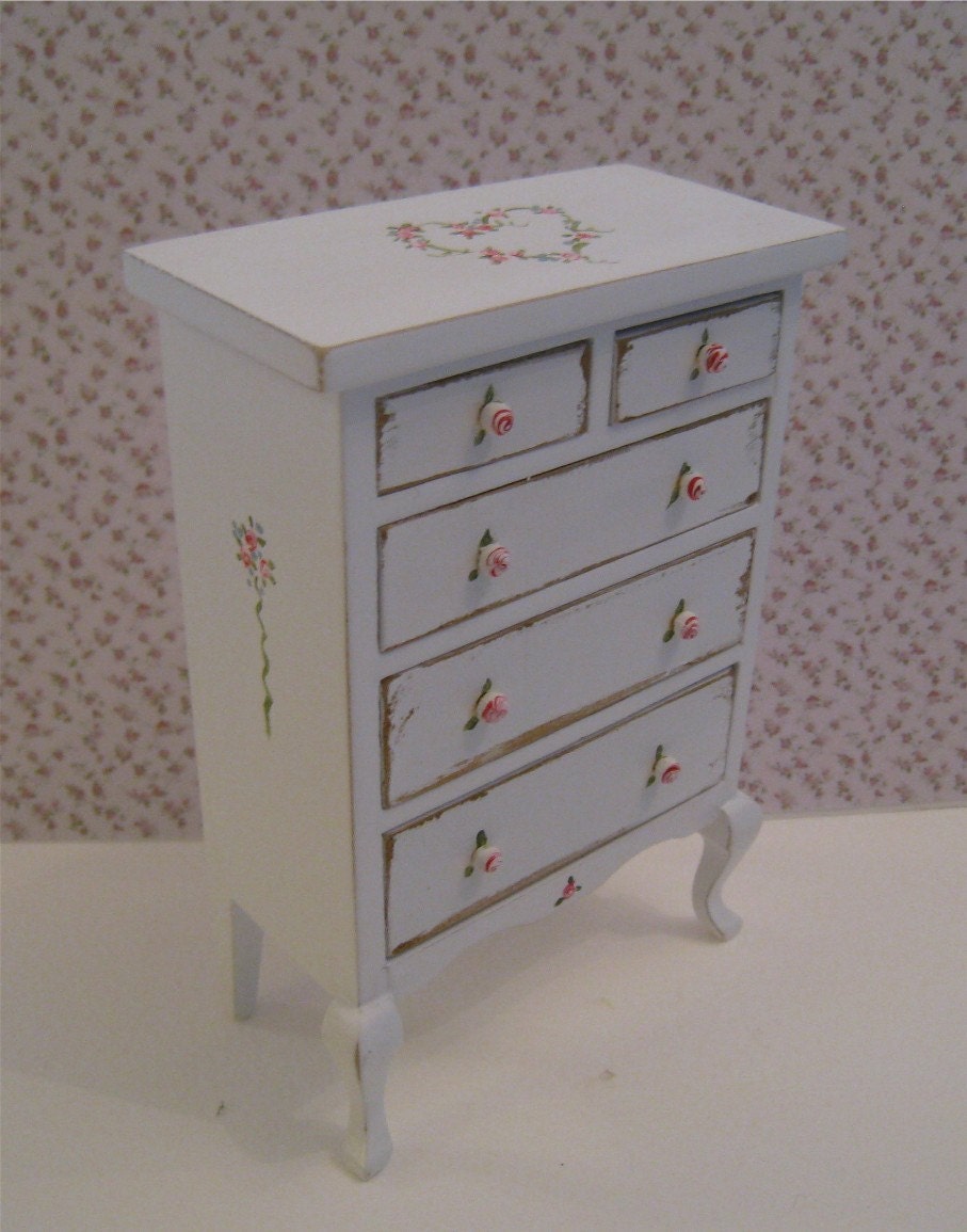 Shabby Chic  tall  Chest of drawers, ,  distressed white with rose bouquets,  Twelfth scale dollhouse miniature