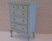 French country Chest of drawers, tall, duck egg blue,  distressed white with rose bouquets,  Twelfth scale dollhouse miniature