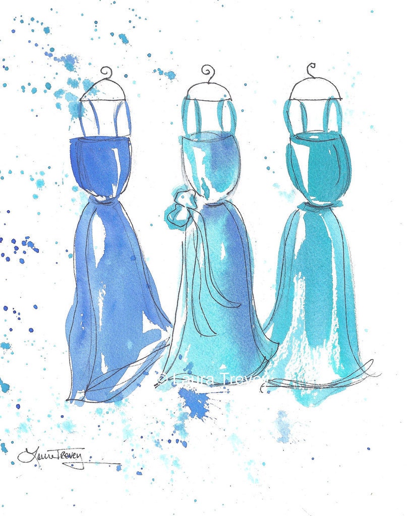 Watercolor Paintings - Turquoise Dresses