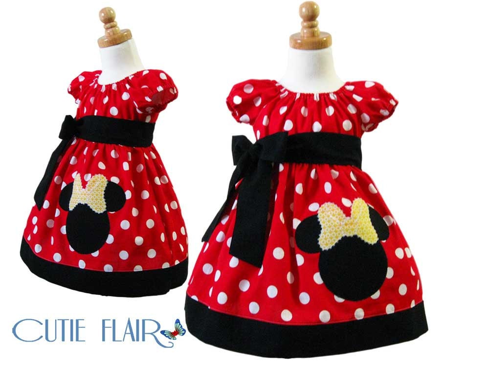 Custom Boutique style Minnie Mouse Peasant Dress Red Polkadots and Black with Applique