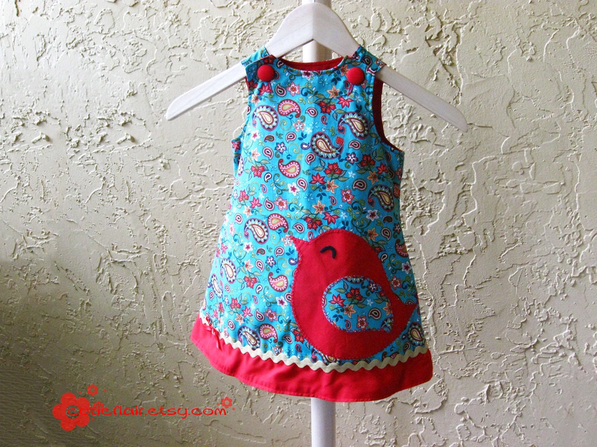 A Line Reversible Dress - Red and Teal Birds