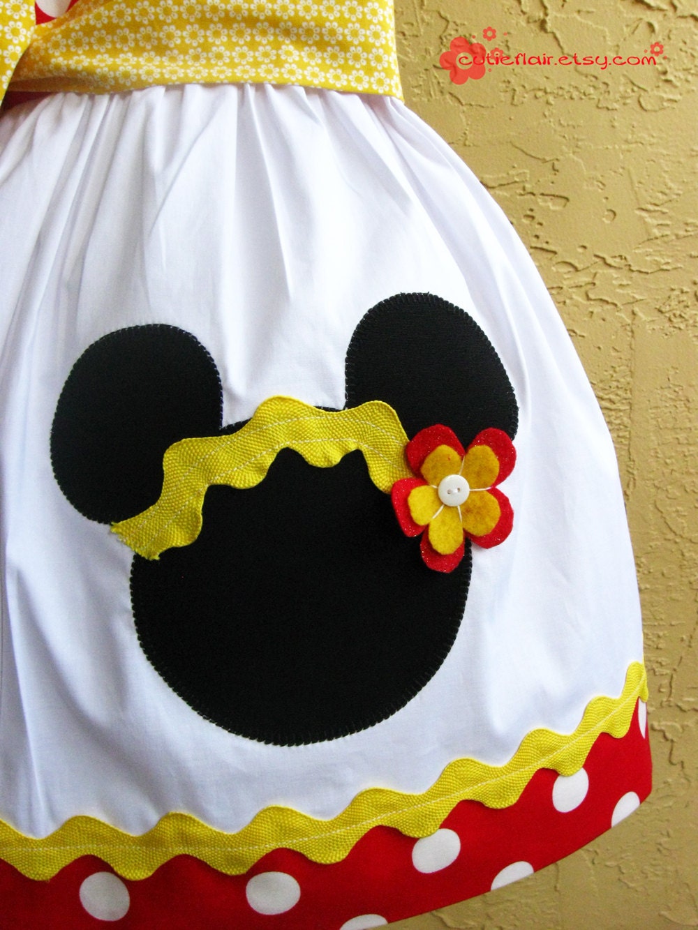 Boutique Style Minnie Dress Red Polkadots, White and Yellow with Applique