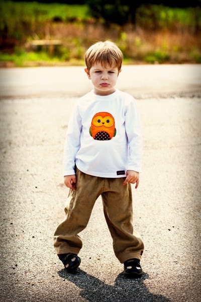 Boys.... Owl Outfit... Applique Shirt and Beige/Khaki Corduroy Pants.... handmade childrens clothing by laken and lila....