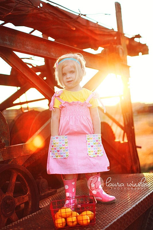 Pink Polka Dot Smocked Dress with Butterfly Pockets.... eco-friendly... handmade childrens clothing by laken and lila